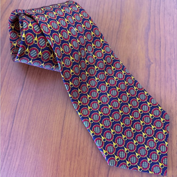 Bullock & Jones Handmade Spain Silk Medallion Tie Navy Red Gold 57” - Picture 4 of 13